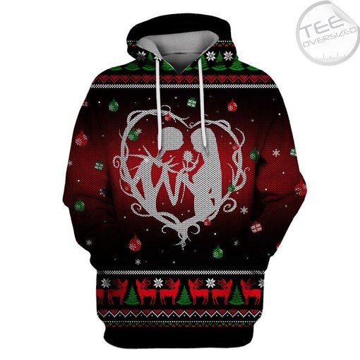 Jack Skellington and Sally Heart Christmas Pattern Red 3D Hoodie with Festive Design for Nightmare Before Christmas Fans