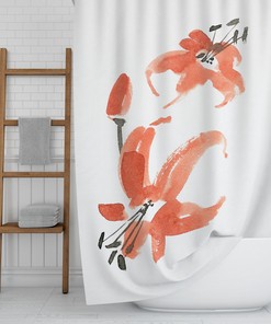 Japanese Botanical Floral Shower Curtain | Red Black White Bath Curtain | Oriental Bathroom Decor | Zen Bath Design