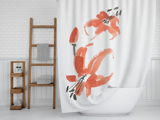 Japanese Botanical Floral Shower Curtain | Red Black White Bath Curtain | Oriental Bathroom Decor | Zen Bath Design