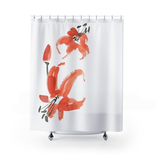 Japanese Botanical Floral Shower Curtain | Red Black White Bath Curtain | Oriental Bathroom Decor | Zen Bath Design - Image 2