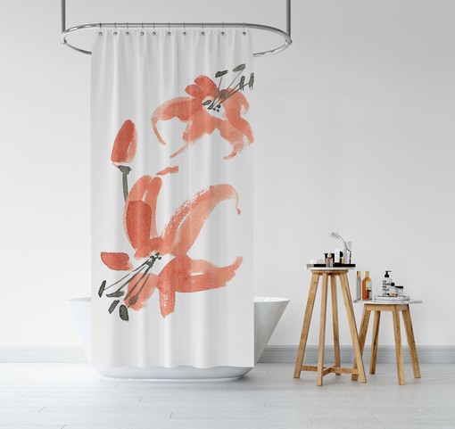Japanese Botanical Floral Shower Curtain | Red Black White Bath Curtain | Oriental Bathroom Decor | Zen Bath Design - Image 3