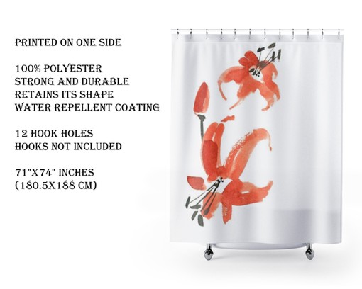 Japanese Botanical Floral Shower Curtain | Red Black White Bath Curtain | Oriental Bathroom Decor | Zen Bath Design - Image 4