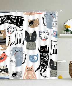 Japanese Design Cat Shower Curtain | Cute Pet Animal Print | Housewarming Gift