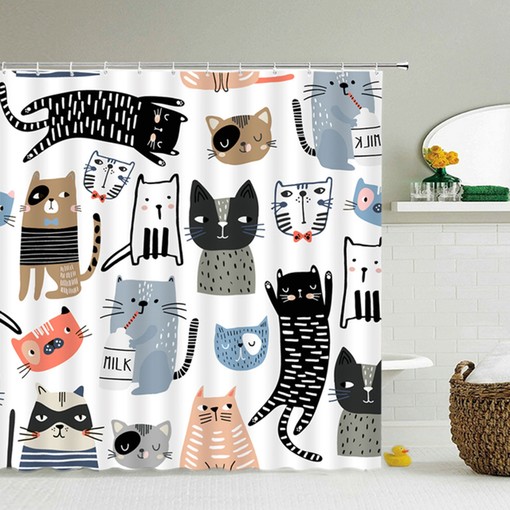 Japanese Design Cat Shower Curtain | Cute Pet Animal Print | Housewarming Gift