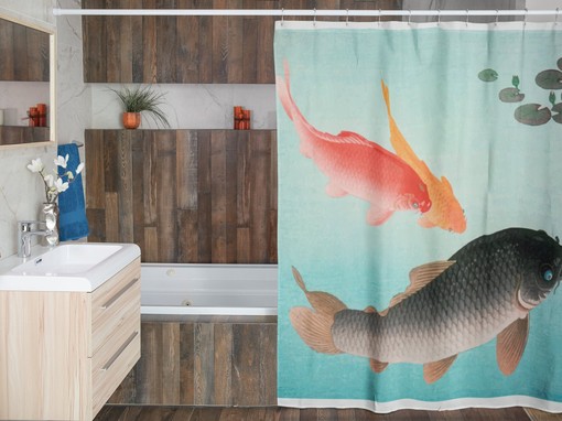 Japanese Fishes Shower Curtain | Vintage Fish Design, Eco-Friendly and Waterproof | Rustic Bathroom Decor