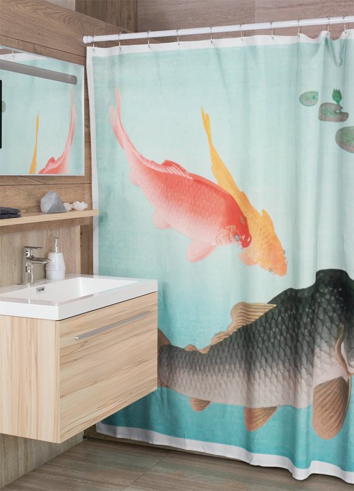 Japanese Fishes Shower Curtain | Vintage Fish Design, Eco-Friendly and Waterproof | Rustic Bathroom Decor - Image 2
