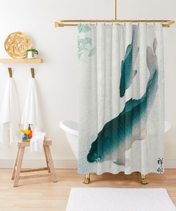 Japanese Fishes Shower Curtain | Vintage Fish Design, Eco-Friendly and Waterproof | Travel Shower Curtain | Rustic Bathroom Decor