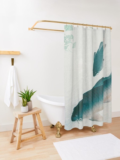 Japanese Fishes Shower Curtain | Vintage Fish Design, Eco-Friendly and Waterproof | Travel Shower Curtain | Rustic Bathroom Decor - Image 2