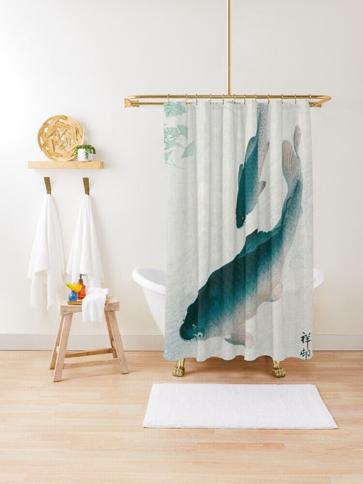 Japanese Fishes Shower Curtain | Vintage Fish Design, Eco-Friendly and Waterproof | Travel Shower Curtain | Rustic Bathroom Decor - Image 3
