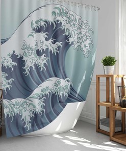 Japanese Great Wave Ocean Shower Curtain | Seashell Underwater Fish | Bathroom Set Decor