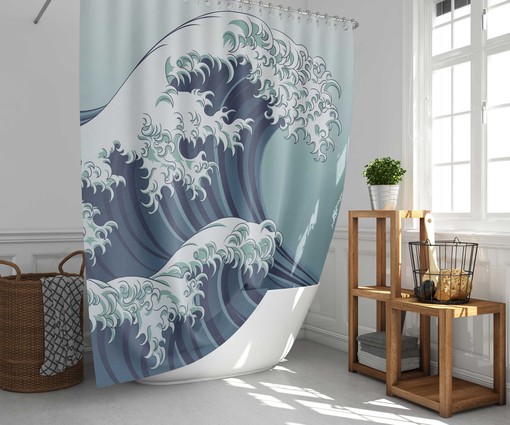 Japanese Great Wave Ocean Shower Curtain | Seashell Underwater Fish | Bathroom Set Decor