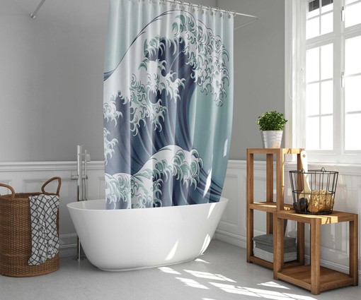 Japanese Great Wave Ocean Shower Curtain | Seashell Underwater Fish | Bathroom Set Decor - Image 2