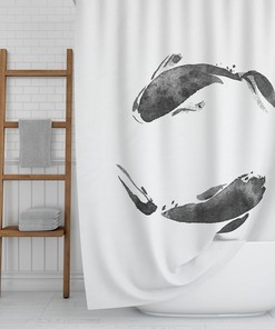 Japanese Koi Fish Shower Curtain / Asian Boho Bathroom Decor / Minimalist Black and White Bath Interior Design