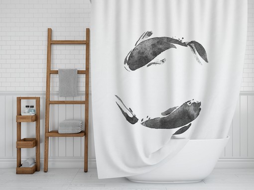 Japanese Koi Fish Shower Curtain / Asian Boho Bathroom Decor / Minimalist Black and White Bath Interior Design
