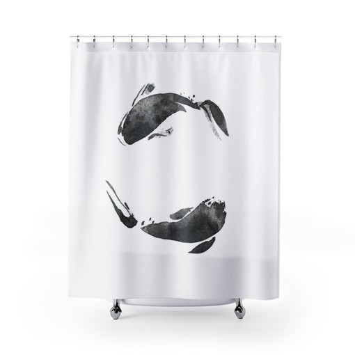 Japanese Koi Fish Shower Curtain / Asian Boho Bathroom Decor / Minimalist Black and White Bath Interior Design - Image 2