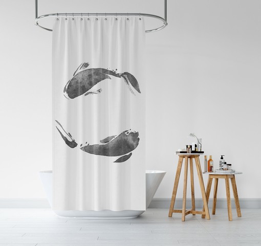 Japanese Koi Fish Shower Curtain / Asian Boho Bathroom Decor / Minimalist Black and White Bath Interior Design - Image 3