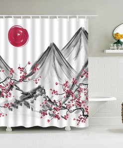 Japanese Mountain View Vintage Shower Curtain | Classic Pink Sherry Blossom Watercolor Red Moon Fuji Landscape