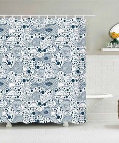 Japanese Nordic Ocean Fish Shower Curtain | White Blue Fabric Bathroom Decor
