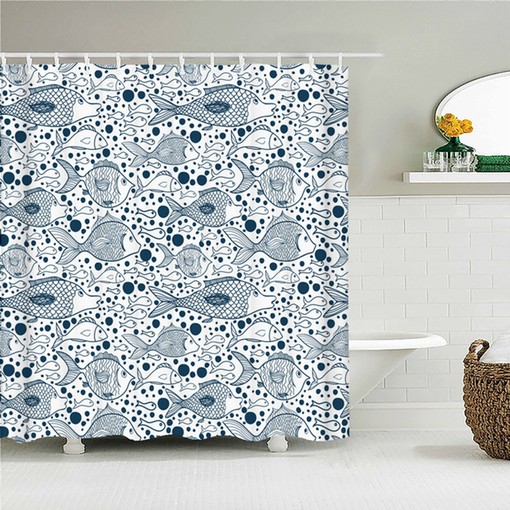 Japanese Nordic Ocean Fish Shower Curtain | White Blue Fabric Bathroom Decor