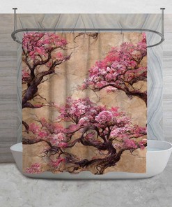 Japanese Sakura Trees Shower Curtain | Asian Oriental Vintage Nature Bath Decor | Pink & Brown Design