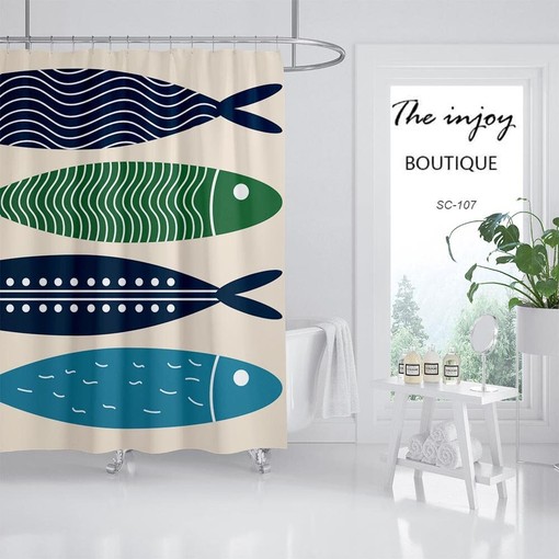 Japanese Style Fish Shower Curtain with Hooks, Waterproof & Washable for Bathtub, Retro Bath Accessory - Image 2