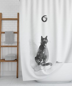 Japanese Zen Minimalist Shower Curtain / Cat and Moon Boho Bathroom Decor / Black & White Watercolor Bath Curtain