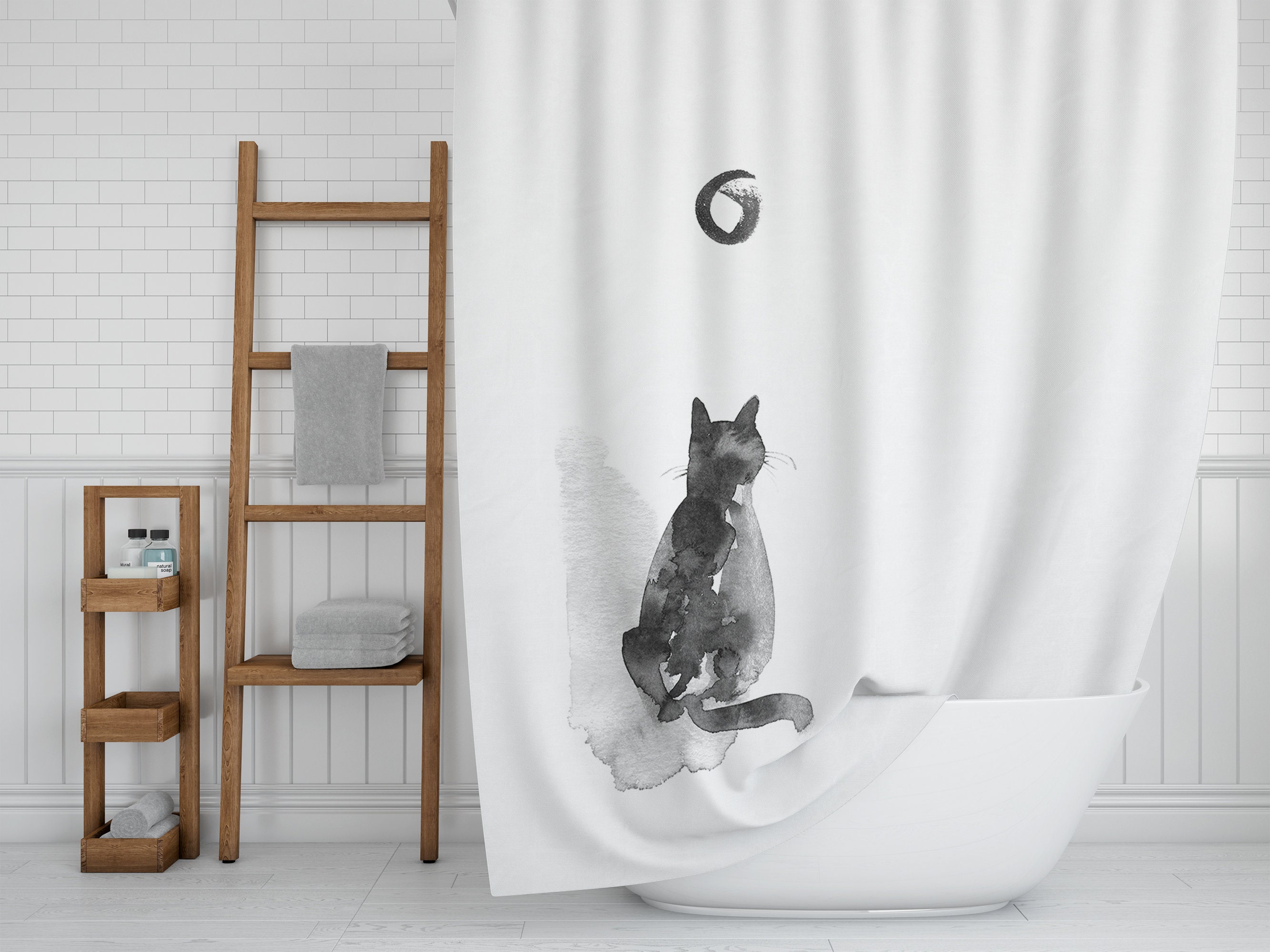 Japanese Zen Minimalist Shower Curtain / Cat and Moon Boho Bathroom Decor / Black & White Watercolor Bath Curtain