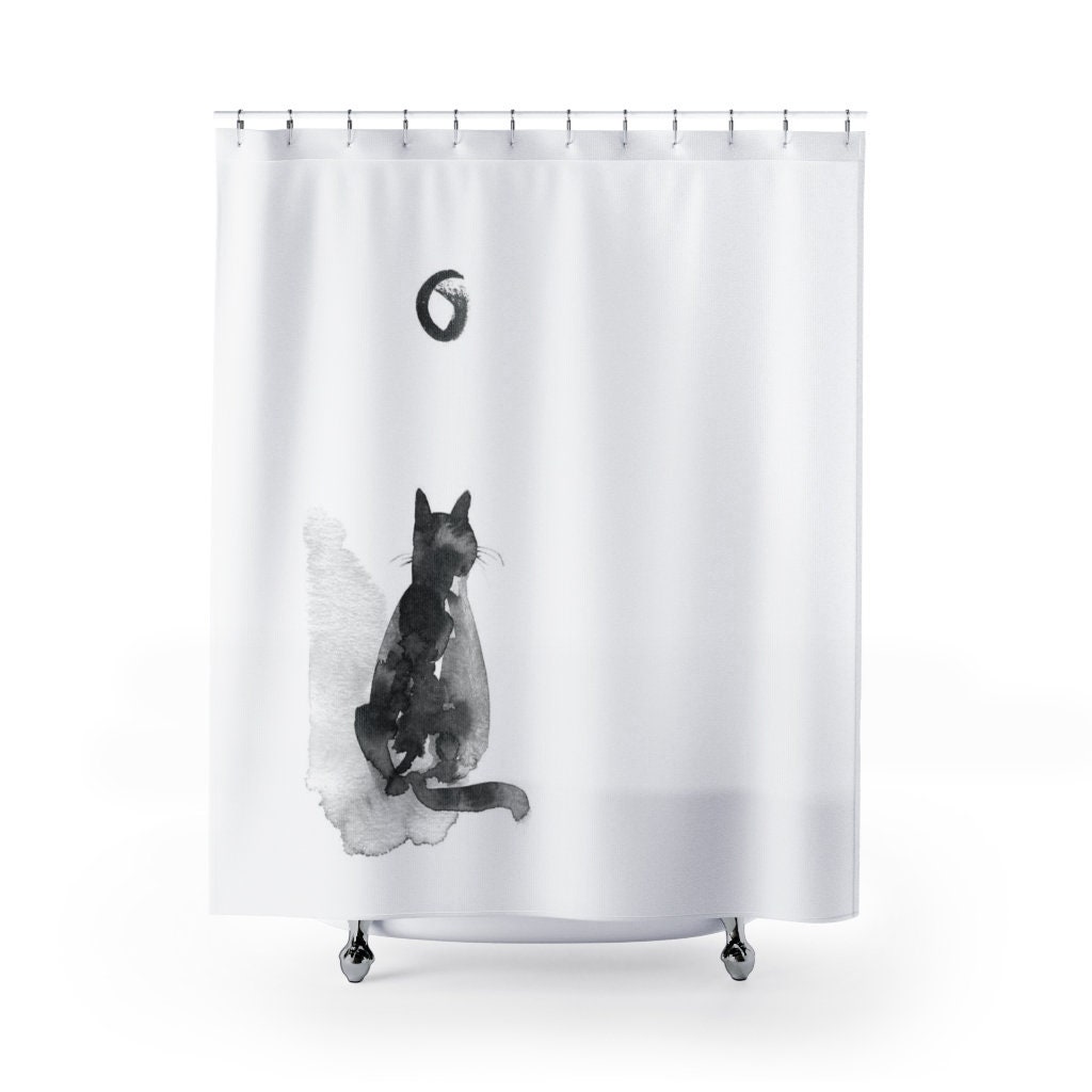 Japanese Zen Minimalist Shower Curtain / Cat and Moon Boho Bathroom Decor / Black & White Watercolor Bath Curtain - Image 2