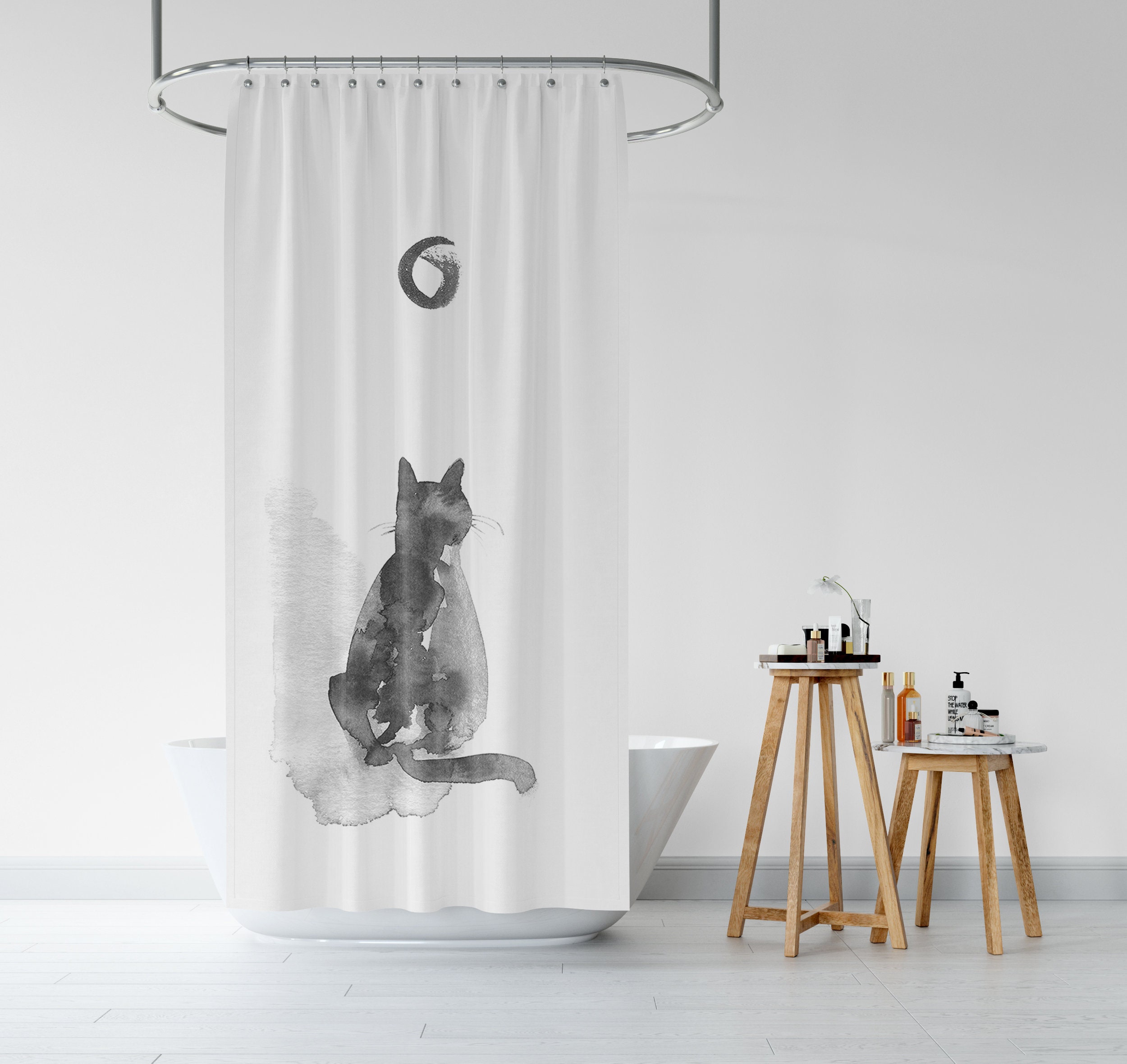Japanese Zen Minimalist Shower Curtain / Cat and Moon Boho Bathroom Decor / Black & White Watercolor Bath Curtain - Image 3