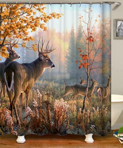 Jungle Animal Shower Curtain | Deer Autumn Flowers Trees | Nature Print Bathroom Decor