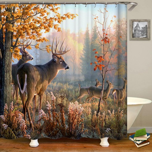 Jungle Animal Shower Curtain | Deer Autumn Flowers Trees | Nature Print Bathroom Decor