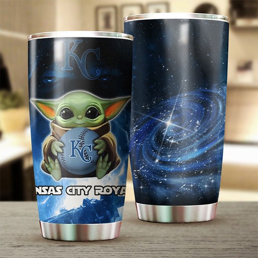 Kansas City Royals Baby Yoda and Star Wars Fans MLB Tumbler with Logo and Personalized Engraving - Image 2