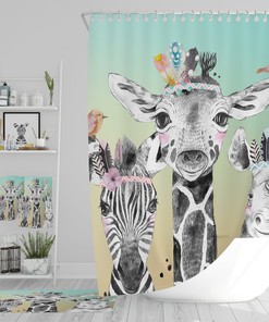 Kids Bathroom Shower Curtain Boho Safari Animals Shower Curtain