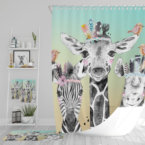 Kids Bathroom Shower Curtain Boho Safari Animals Shower Curtain