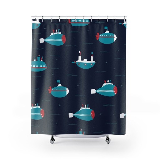 Kids Nautical Submarine Theme Ocean Print Shower Curtain for Underwater Bathroom Decor