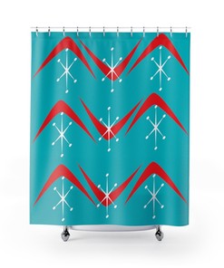 Kitschy Aqua Blue and Red Boomerang and Starburst Retro Mid Century Modern Shower Curtain for a Fun Look