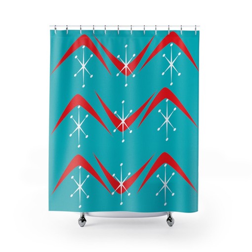 Kitschy Aqua Blue and Red Boomerang and Starburst Retro Mid Century Modern Shower Curtain for a Fun Look