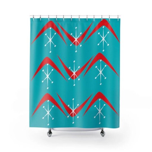 Kitschy Aqua Blue and Red Boomerang and Starburst Retro Mid Century Modern Shower Curtain for a Fun Look - Image 2