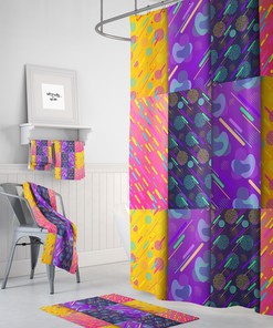 Kitschy Retro Shower Curtain with Coordinating Bath Mat and Towels for Nostalgic Fun