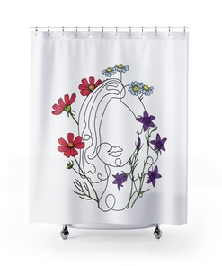 Lady Face with Red and Purple Flowers Shower Curtain, Minimalist Vintage Design