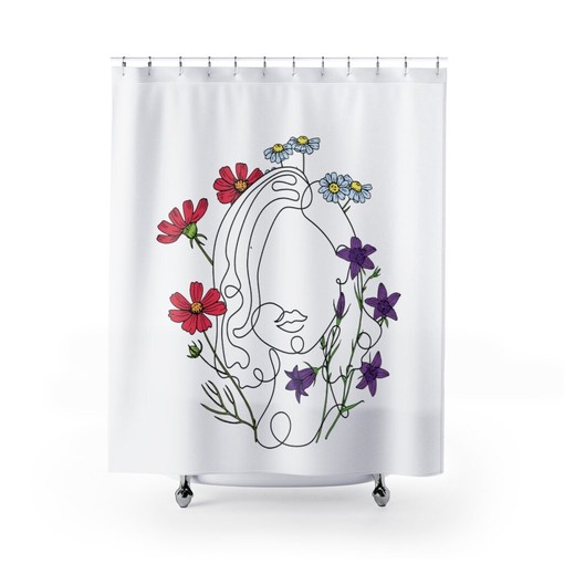 Lady Face with Red and Purple Flowers Shower Curtain, Minimalist Vintage Design