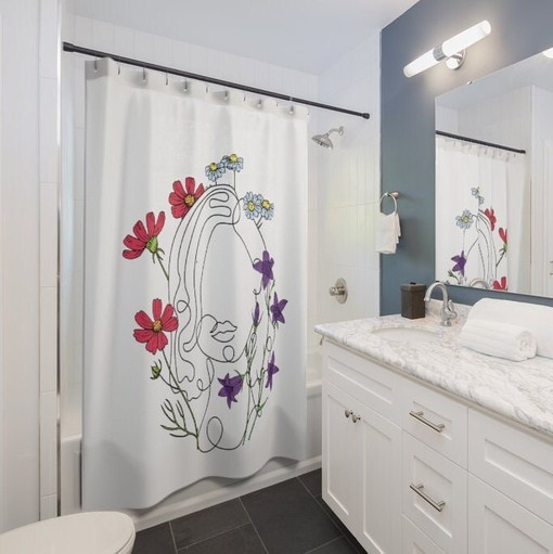 Lady Face with Red and Purple Flowers Shower Curtain, Minimalist Vintage Design - Image 2