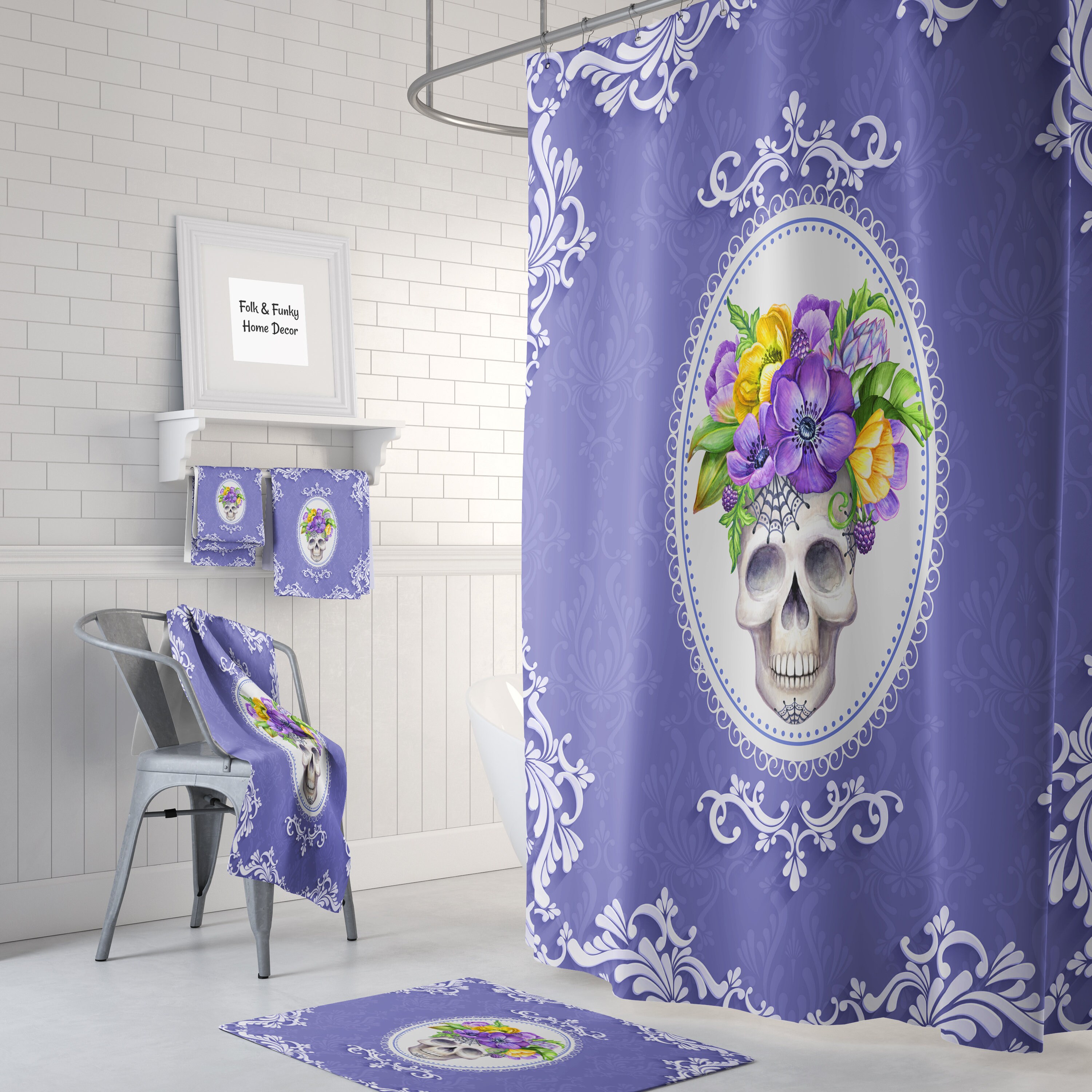 Lady Sugar Skull Purple Shower Curtain with Floral Skull and Bath Accessories - Creative and Colorful Bathroom Decor