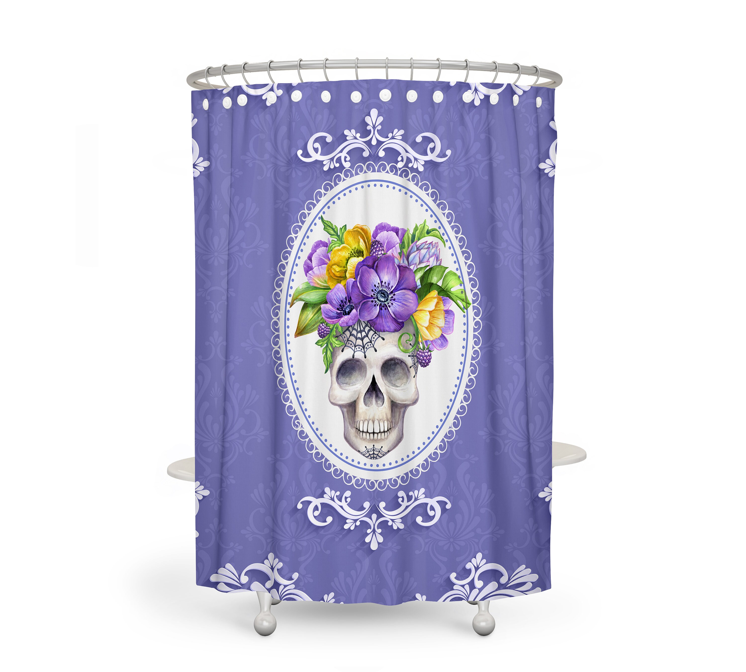 Lady Sugar Skull Purple Shower Curtain with Floral Skull and Bath Accessories - Creative and Colorful Bathroom Decor - Image 2