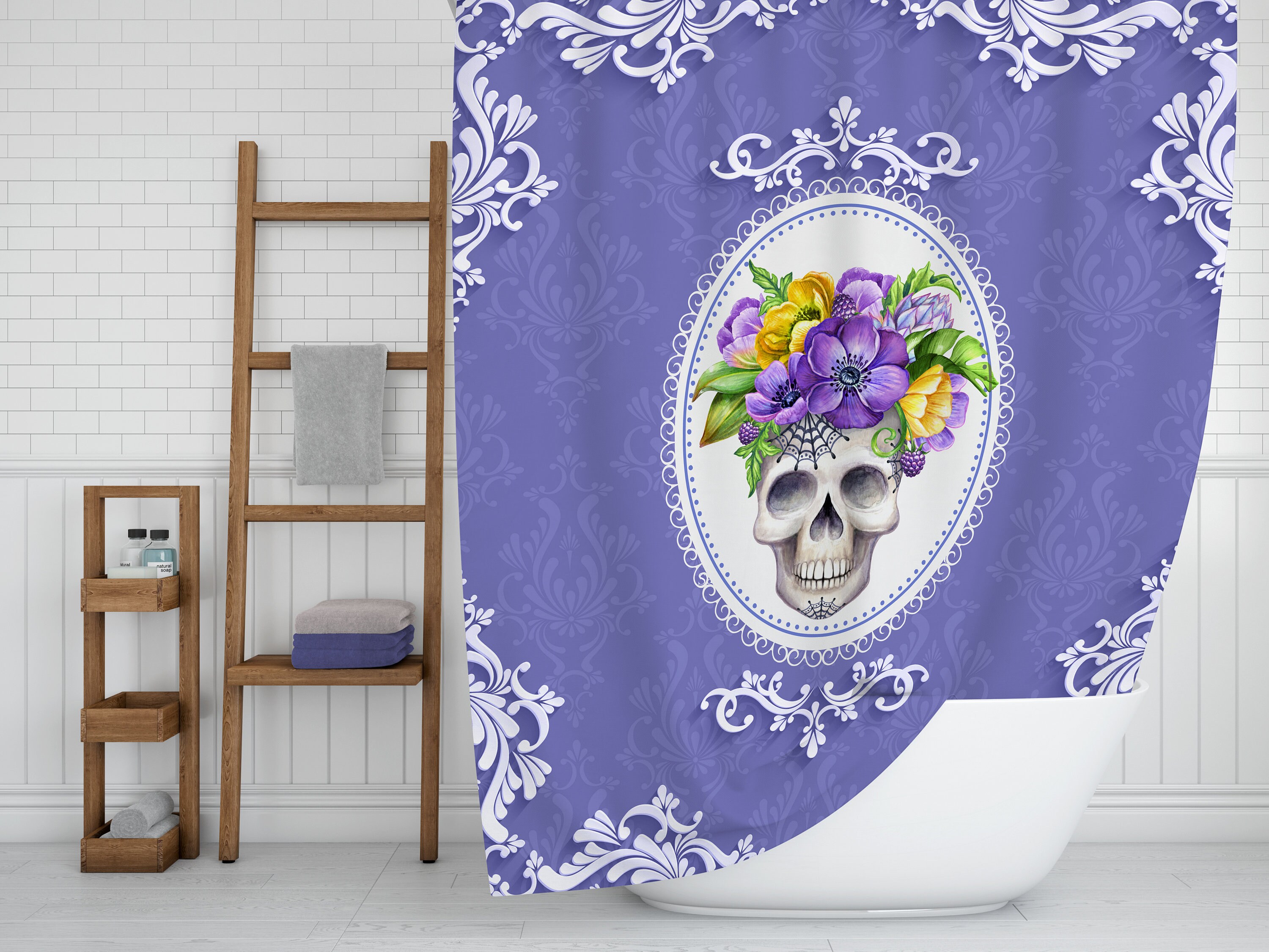 Lady Sugar Skull Purple Shower Curtain with Floral Skull and Bath Accessories - Creative and Colorful Bathroom Decor - Image 3