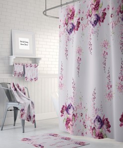Lavender Floral Print Shower Curtain Set - Beautiful Fabric Bath Set Mat and Towels for Lavender Bathroom Decor