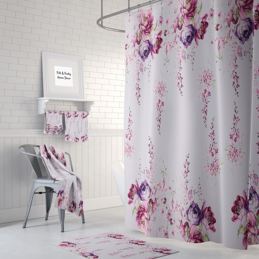 Lavender Floral Print Shower Curtain Set - Beautiful Fabric Bath Set Mat and Towels for Lavender Bathroom Decor