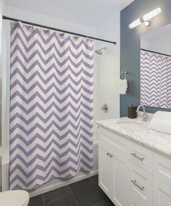 Lavender Striped Bath Shower Curtain with Purple Geometric Print, Modern Bathroom Decor