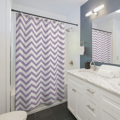 Lavender Striped Bath Shower Curtain with Purple Geometric Print, Modern Bathroom Decor