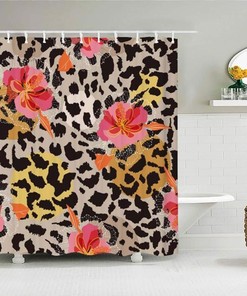 Leopard Print Floral Shower Curtain, Customized Size, Pink Flowers Fabric, Home Bathroom Decor